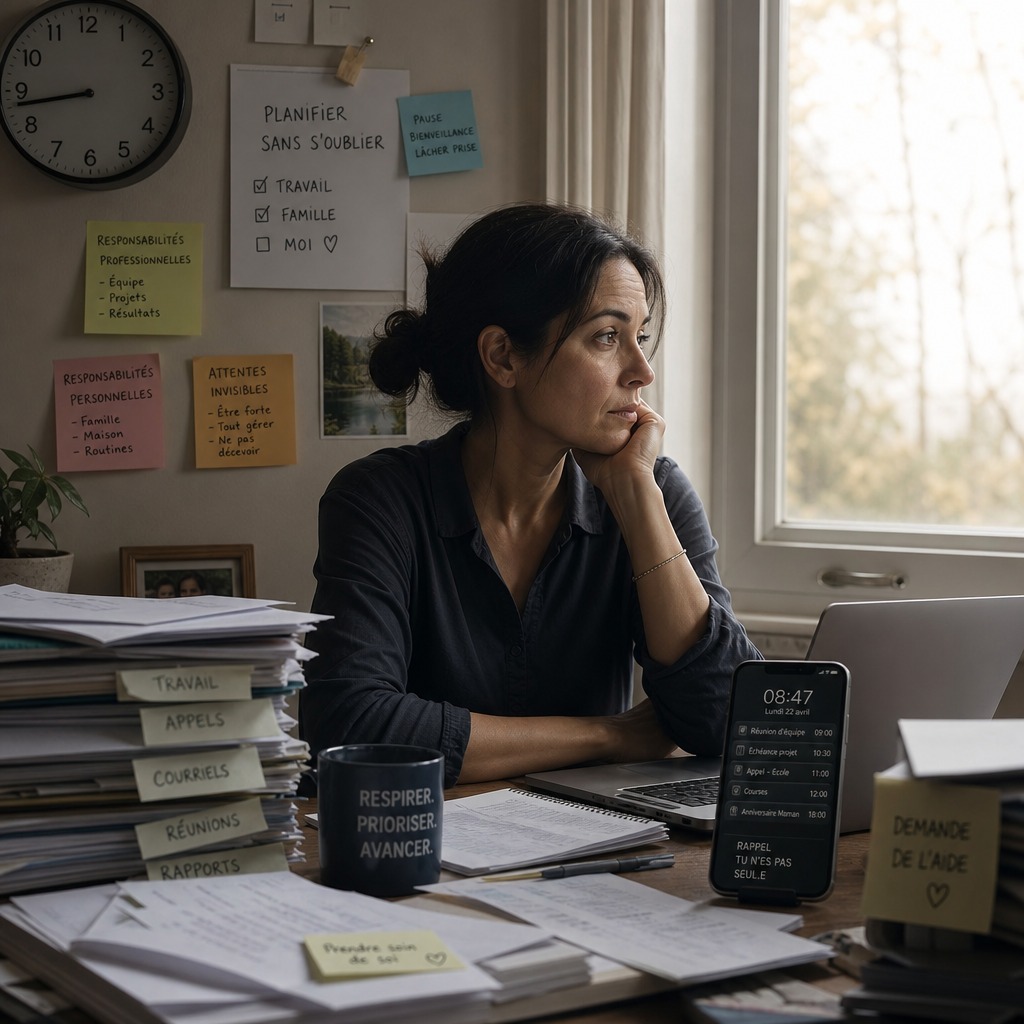 Femme épuisée à son bureau encombré de dossiers et de post-its, regard distant, téléphone affichant un emploi du temps saturé | eBoons