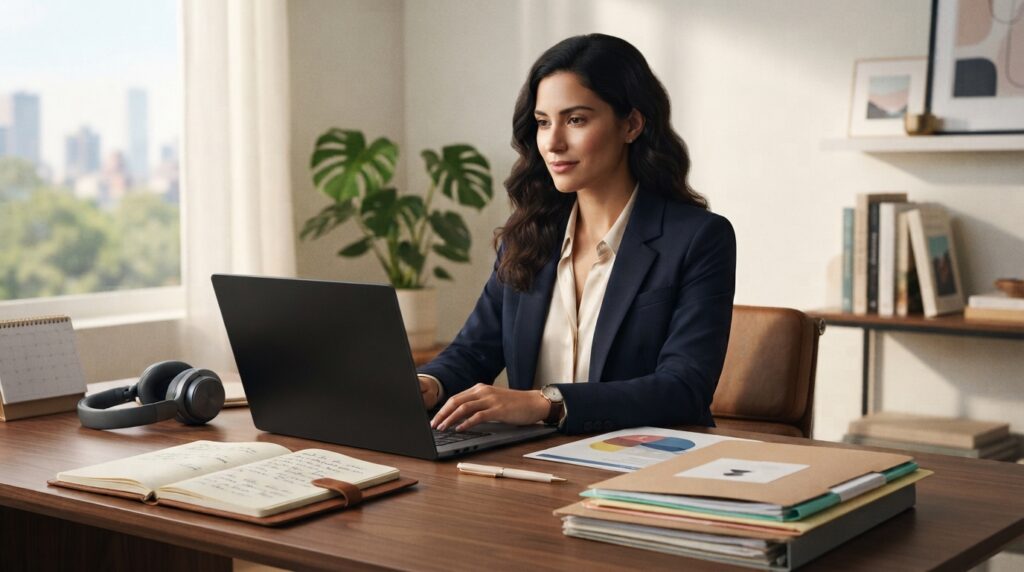 Femme freelance travaillant sur ordinateur dans un bureau lumineux | La Bonne Copine