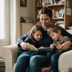 Une femme lit un livre avec deux enfants dans un salon lumineux | La Bonne Copine