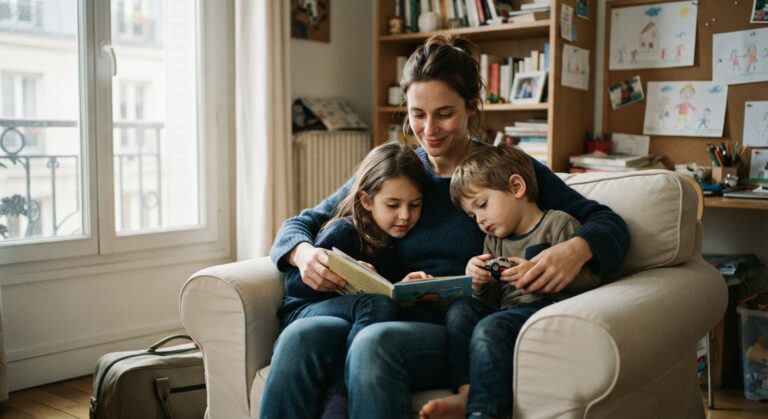 Une femme lit un livre avec deux enfants dans un salon lumineux | La Bonne Copine