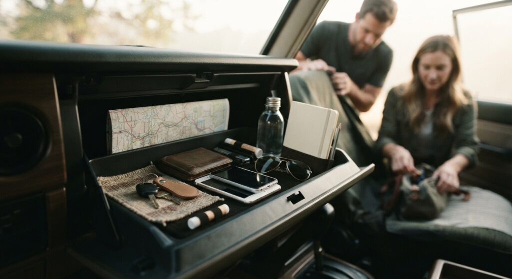 Gros plan sur la bo&icirc;te &agrave; gants ouverte d'une voiture organis&eacute;e pour un road trip, contenant une carte routi&egrave;re, un portefeuille en cuir, deux smartphones, des lunettes de soleil aviateur, un carnet de notes et des cl&eacute;s. En arri&egrave;re-plan flou, un couple pr&eacute;pare ses affaires &agrave; l'int&eacute;rieur du v&eacute;hicule.