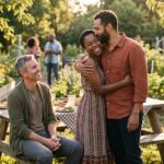 La compersion représentée par un homme souriant en regardant un couple heureux dans un jardin