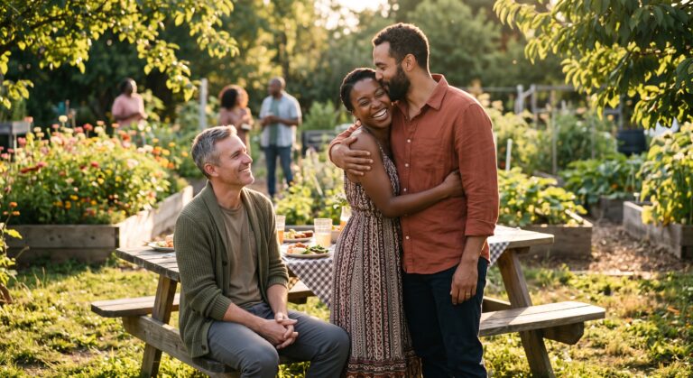 La compersion représentée par un homme souriant en regardant un couple heureux dans un jardin