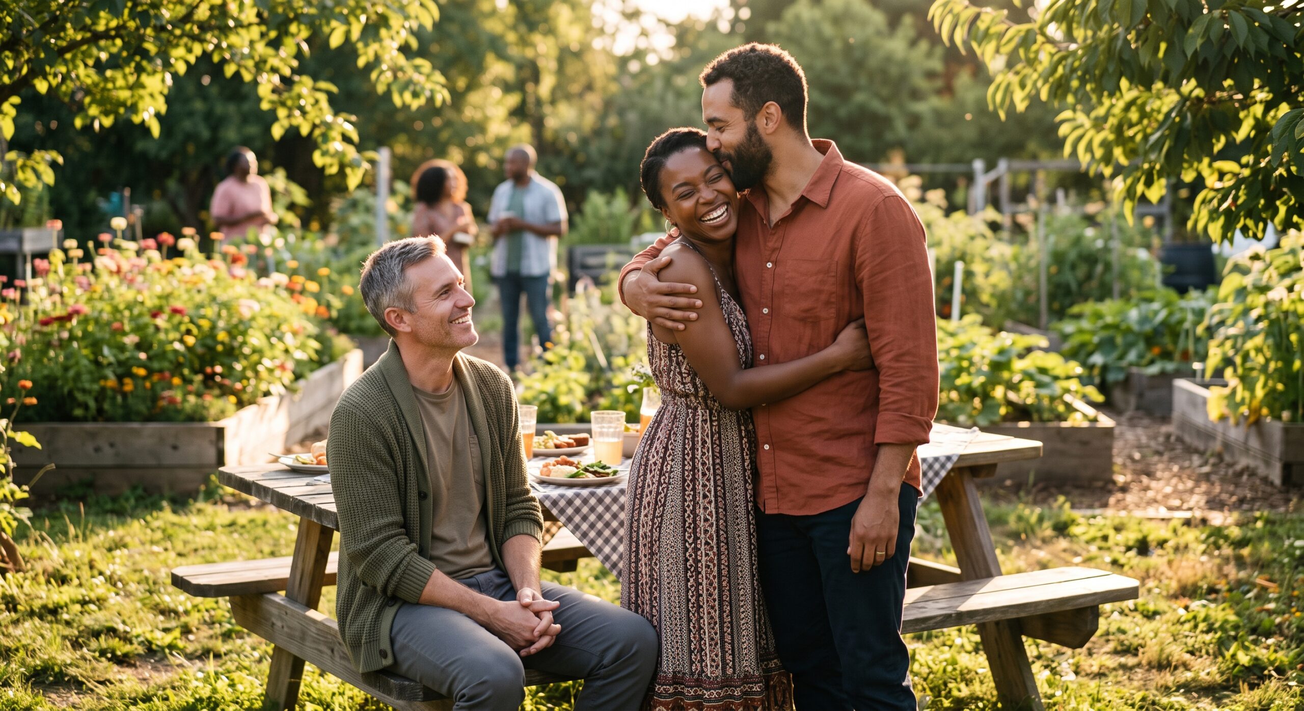 La compersion représentée par un homme souriant en regardant un couple heureux dans un jardin
