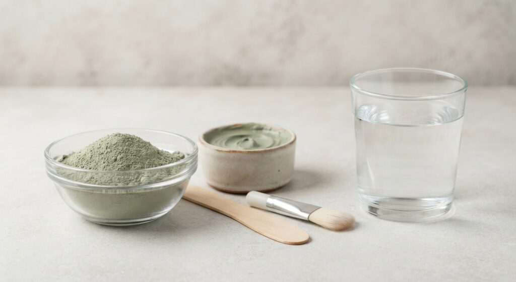 Bol d’argile verte en poudre, pot de masque préparé, spatule, pinceau et verre d’eau sur fond clair | La Bonne Copine