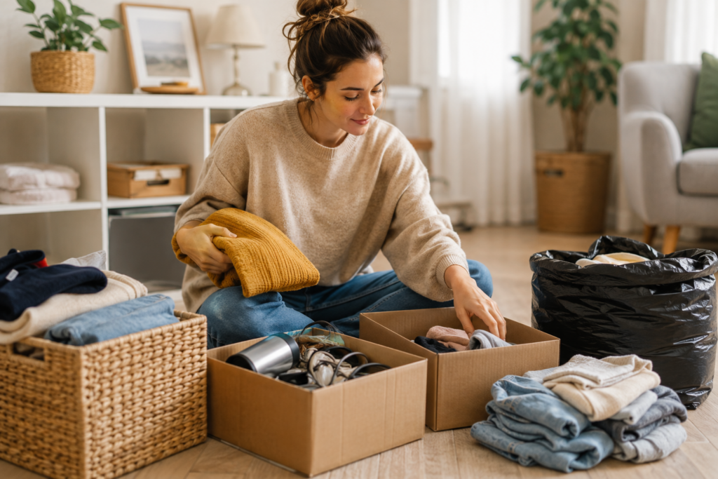 Femme assise au sol, triant et rangeant des vêtements dans des cartons, avec un pull jaune en main | La Bonne Copine