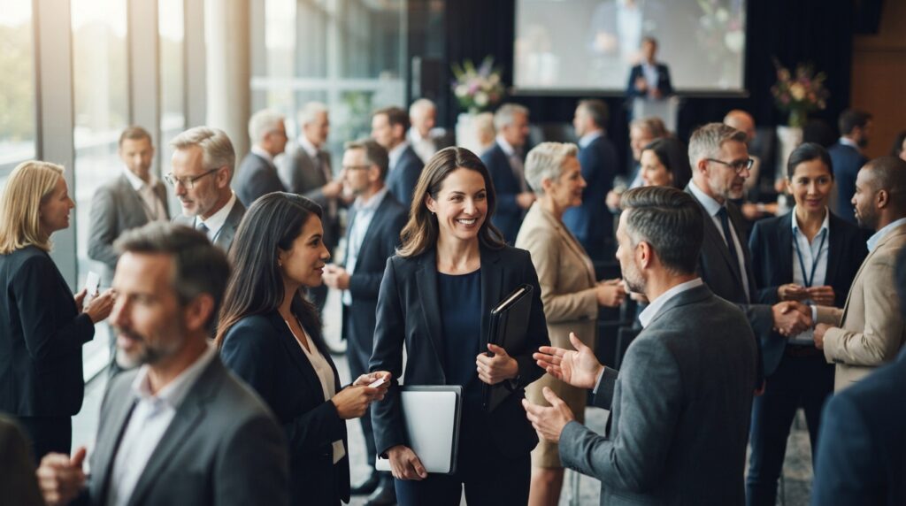Professionnels en costume échangeant lors d’un événement de networking | La Bonne Copine