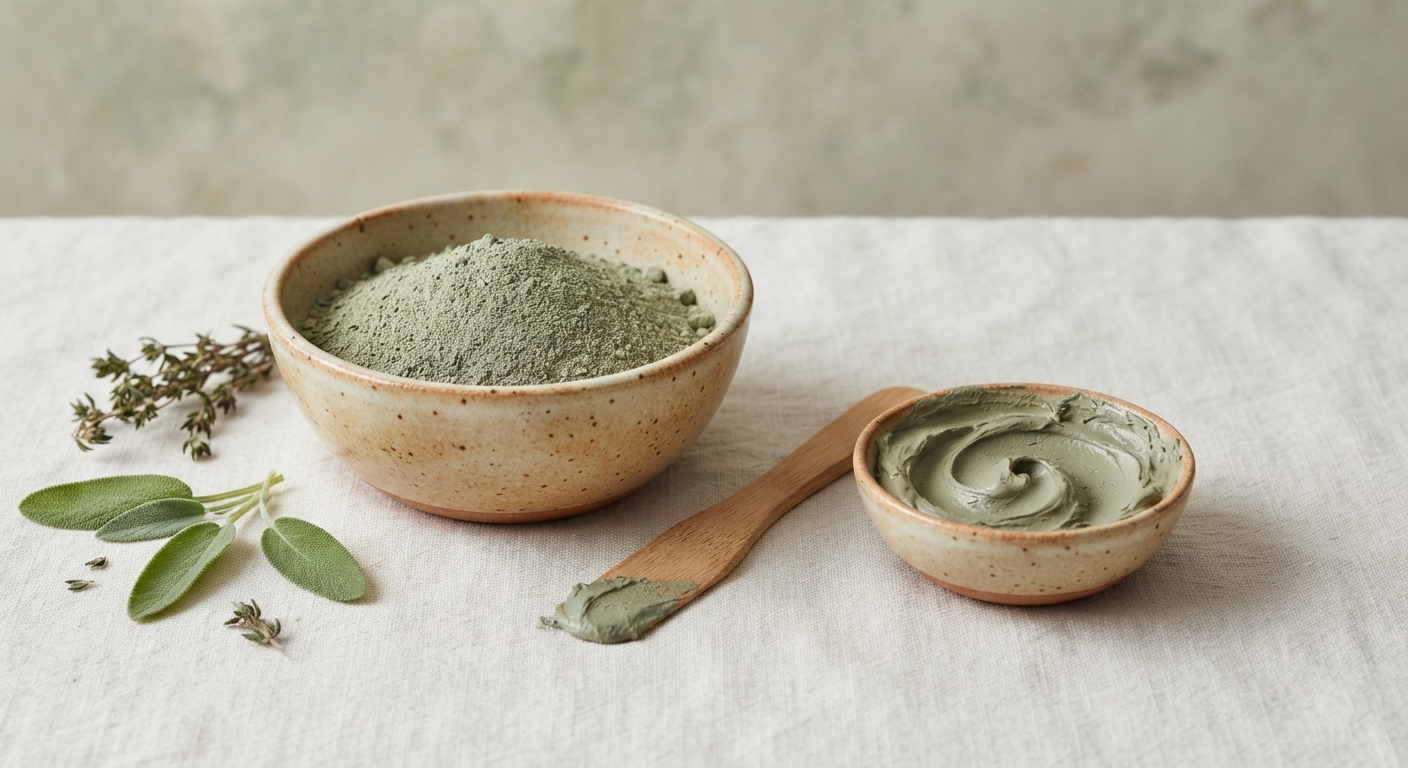 Bol de poudre verte et baume dans de petits récipients en céramique La Bonne Copine