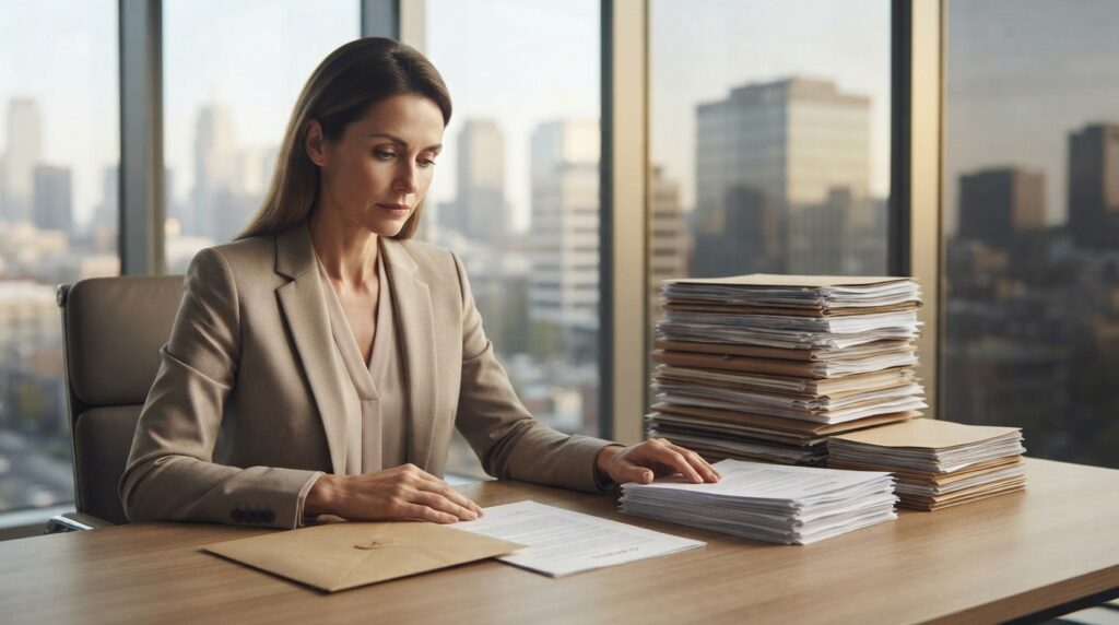 Une femme en réunion examine des documents dans un bureau | La Bonne Copine