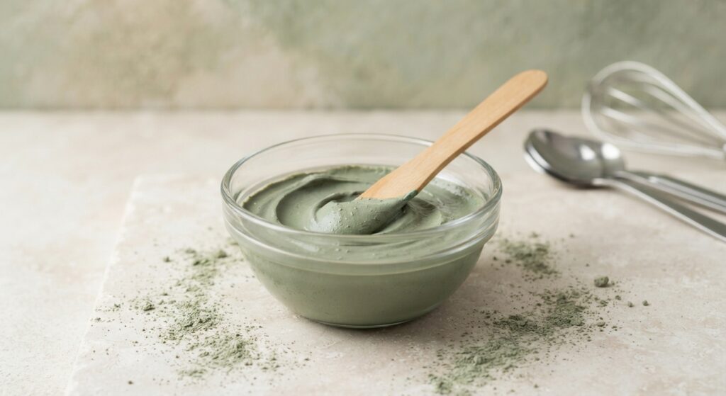 Bol de mélange vert (poudre/masque) avec une spatule en bois | La Bonne Copine