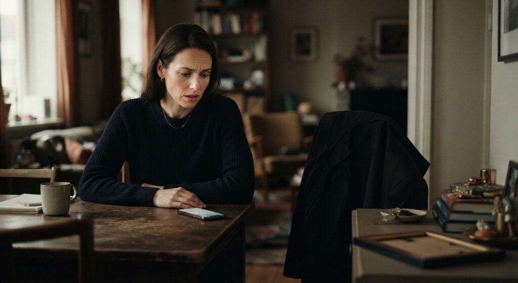 Une femme assise à une table, boit une tasse et consulte un téléphone | La Bonne Copine