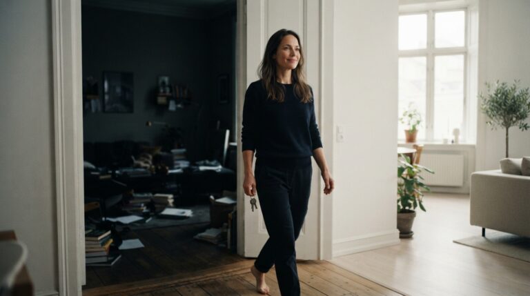 Une femme marche dans l’entrée de son logement, depuis une pièce sombre vers une pièce lumineuse| La Bonne Copine