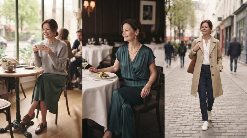 Collage de trois scènes avec une femme âgée élégante : café en terrasse, repas au restaurant et promenade en ville | La Bonne Copine