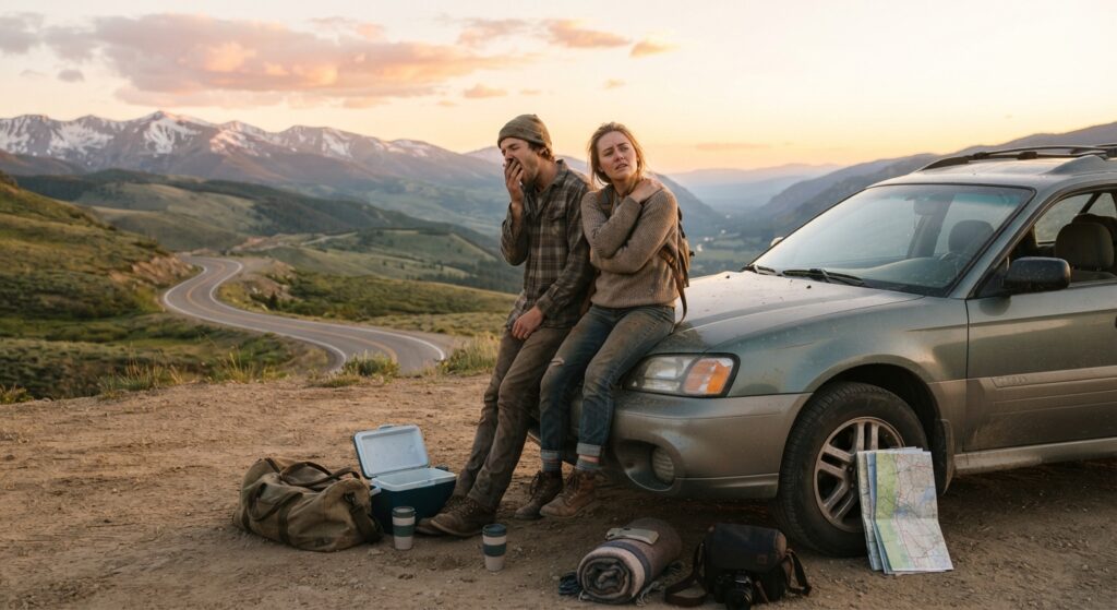 Un jeune couple fatigu&eacute; appuy&eacute; contre le capot de leur voiture lors d'un road trip &agrave; l'aube. L'homme baille en bonnet et chemise &agrave; carreaux, tandis que la femme se frictionne les &eacute;paules. Au sol se trouvent une glaci&egrave;re ouverte, un sac de voyage, des tasses, une couverture roul&eacute;e et une carte routi&egrave;re au bord d'une route de montagne sinueuse.