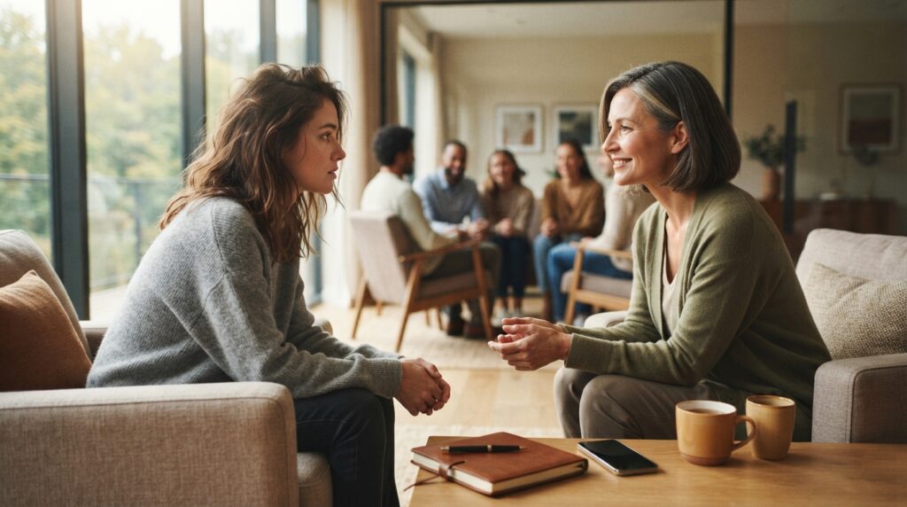Deux femmes discutent en souriant dans un salon, entour&eacute;es de personnes | La Bonne Copine
