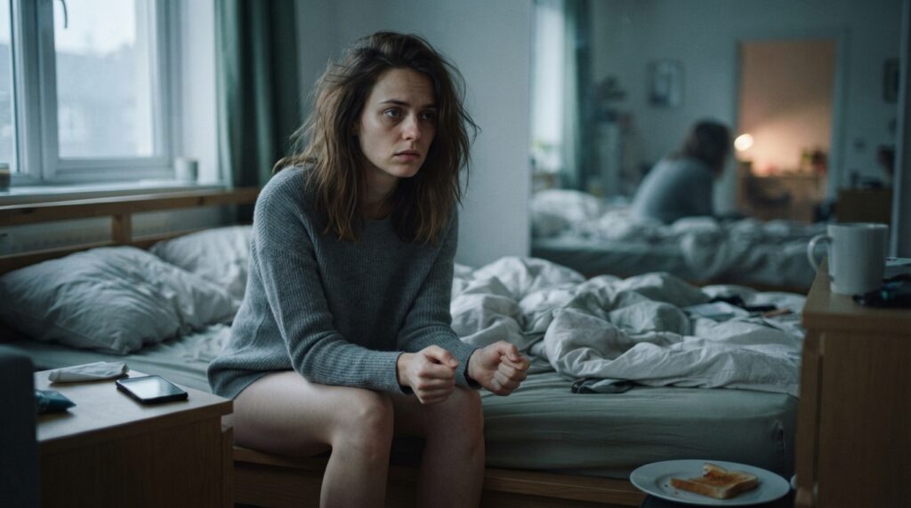 Jeune femme assise sur un lit, expression inqui&egrave;te dans une chambre en d&eacute;sordre | La Bonne Copine

