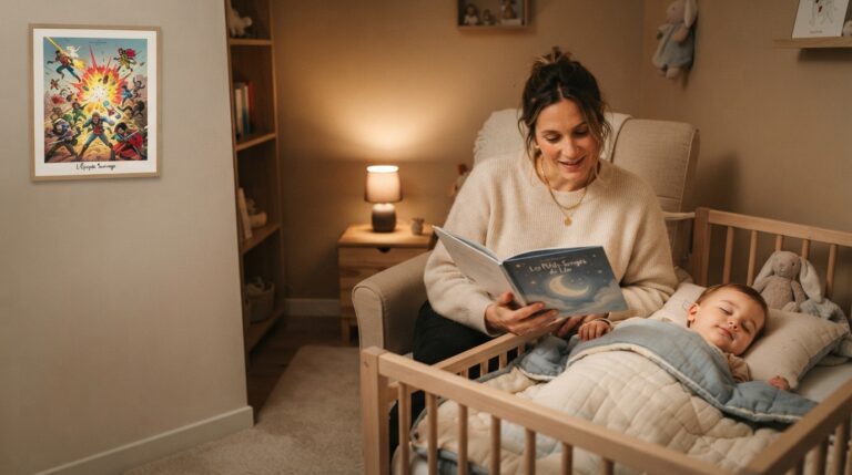 Une maman lit une histoire à son bébé dans une chambre chaleureuse | eBoons
