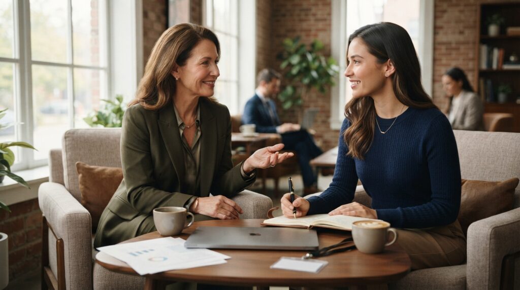 Deux femmes discutant lors d’une séance de mentorat dans un café | La Bonne Copine