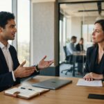 Deux professionnels discutent autour d'une table dans un bureau | La Bonne Copine