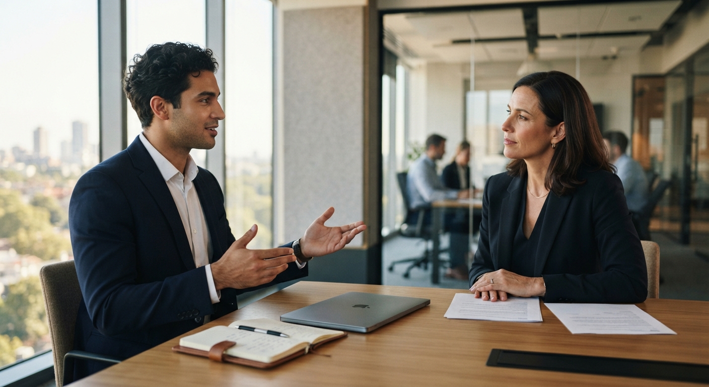 Deux professionnels discutent autour d'une table dans un bureau | La Bonne Copine