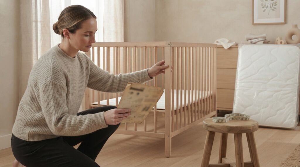 Femme inspectant un lit à barreaux d’occasion en consultant des documents | La Bonne Copine