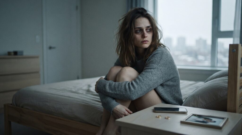 Jeune femme assise sur un lit, l'air pr&eacute;occup&eacute; | La Bonne Copine