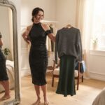 Femme en robe noire à paillettes choisissant un pull et un pantalon sur des cintres dans sa chambre | La Bonne Copine