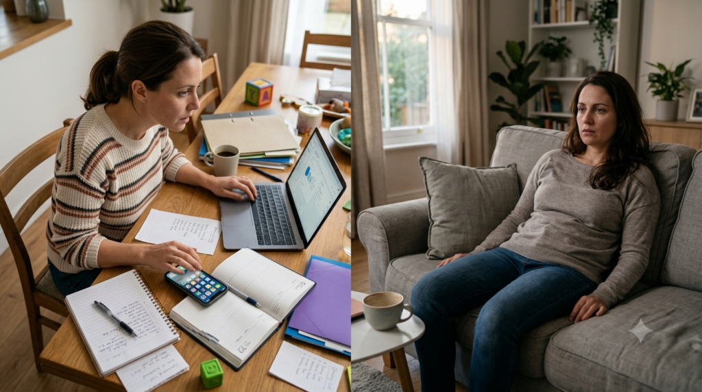 Une image en deux parties. À gauche : une femme assise à une table de salle à manger, travaillant intensément et jonglant avec un ordinateur, un smartphone et des listes de tâches multiples. À droite : la même femme, seule sur un canapé, le regard vide, l'expression épuisée et abattue. Ces images illustrent la différence entre être très occupée et être en état de burn-out. | La Bonne Copine