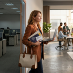 Professional woman standing in a doorway with a laptop and notebooks, entering a busy open office as colleagues collaborate in the background.