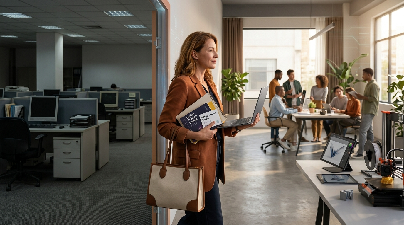 Professional woman standing in a doorway with a laptop and notebooks, entering a busy open office as colleagues collaborate in the background.
