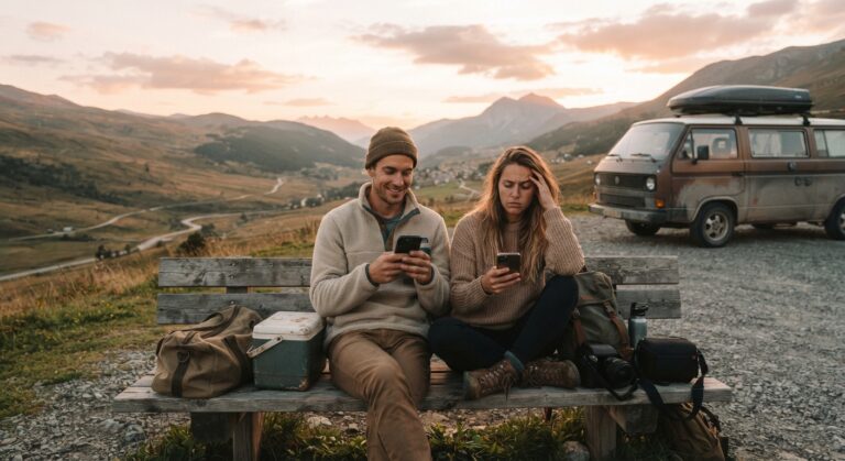 Couple en road trip dans les montagnes avec un van et des téléphones | LBC
