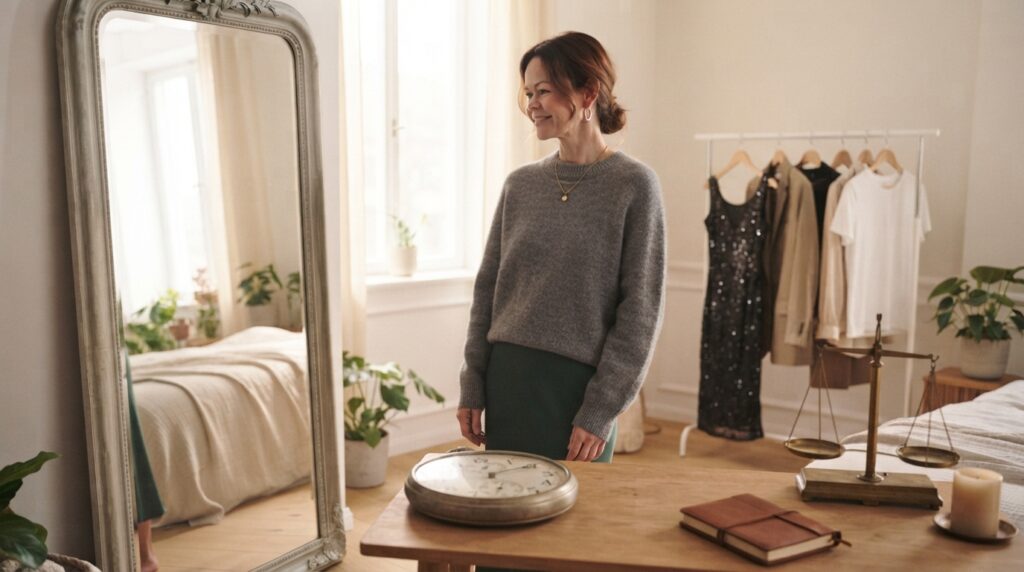 Femme en pull gris et jupe verte, dans une chambre lumineuse, devant un miroir ancien et une table avec objets déco | La Bonne Copine