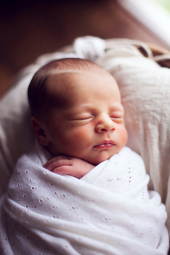 Sleeping newborn wrapped in a white blanket, resting with hands tucked under chin. - Un nouveau-né endormi paisiblement, emmailloté dans une couverture blanche ajourée, reposant dans un panier avec sa main sous son menton.