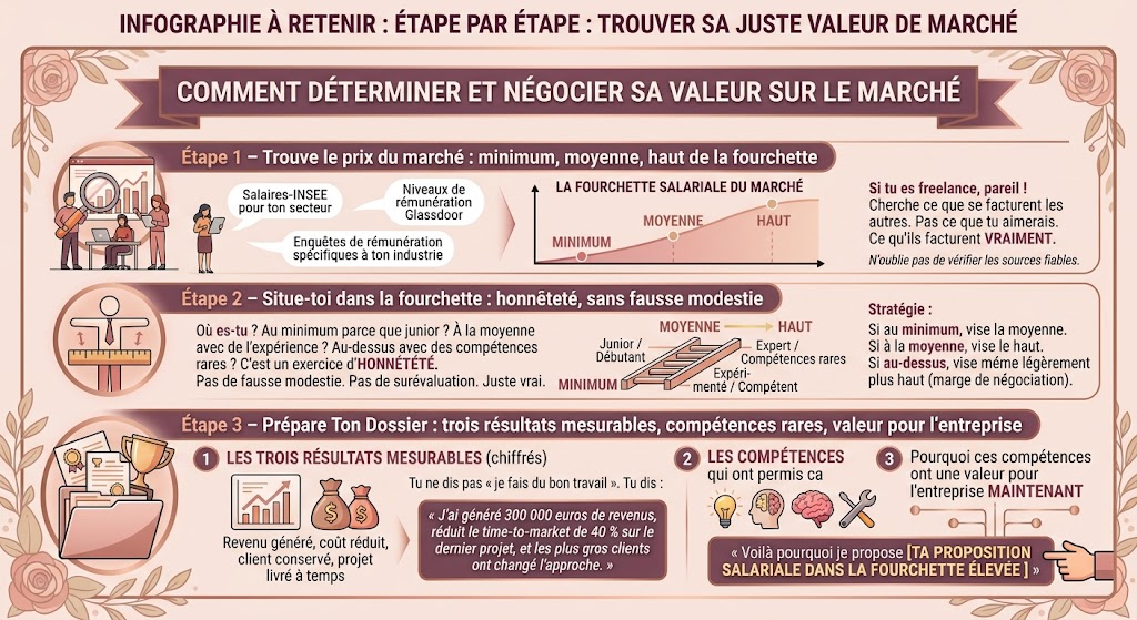 Infographie synth&eacute;tisant les 3 &eacute;tapes pour d&eacute;terminer et n&eacute;gocier sa valeur salariale sur le march&eacute; : 1. Trouver le prix du march&eacute; (minimum, moyenne, haut), 2. S'auto-&eacute;valuer avec honn&ecirc;tet&eacute;, 3. Pr&eacute;parer un dossier chiffr&eacute; bas&eacute; sur des r&eacute;sultats mesurables. Design aux tons beige rose et vieux rose.