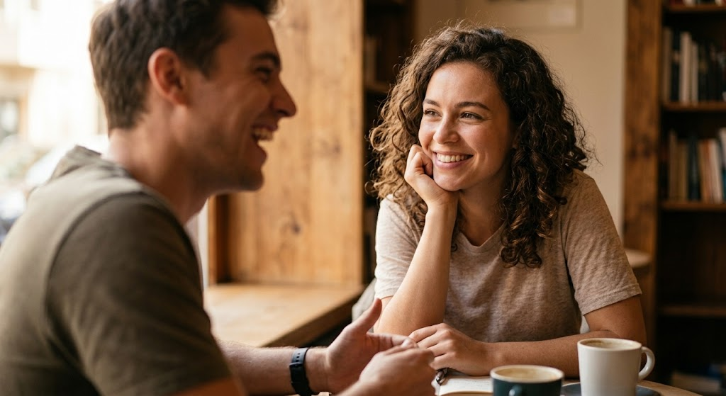 La compersion illustrée par une femme écoutant son partenaire avec joie et bienveillance