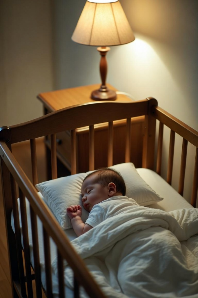 Sleeping infant in a wooden crib with a pillow and white blanket, bathed in warm bedside lamp light on a nearby table. - Bébé dormant paisiblement sur le côté dans un lit à barreaux en bois, sous la lumière douce d'une lampe de chevet. Scène de sommeil sécurisé du nourrisson.