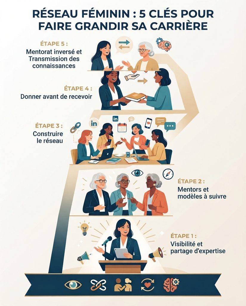 Infographie intitul&eacute;e "R&eacute;seau f&eacute;minin : 5 cl&eacute;s pour faire grandir sa carri&egrave;re", pr&eacute;sentant une pyramide en 5 &eacute;tapes : visibilit&eacute; et partage d'expertise, mentors et mod&egrave;les &agrave; suivre, construction du r&eacute;seau, donner avant de recevoir, mentorat invers&eacute; et transmission des connaissances. | La Bonne Copine