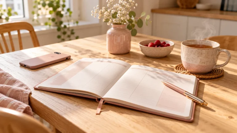 Agenda papier ouvert avec un stylo, une tasse de thé et un téléphone retourné