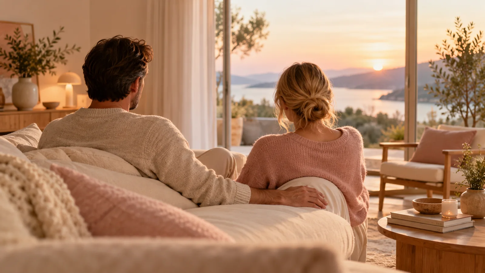 Couple assis sur un canapé, l’un tend la main vers l’autre qui regarde la fenêtre