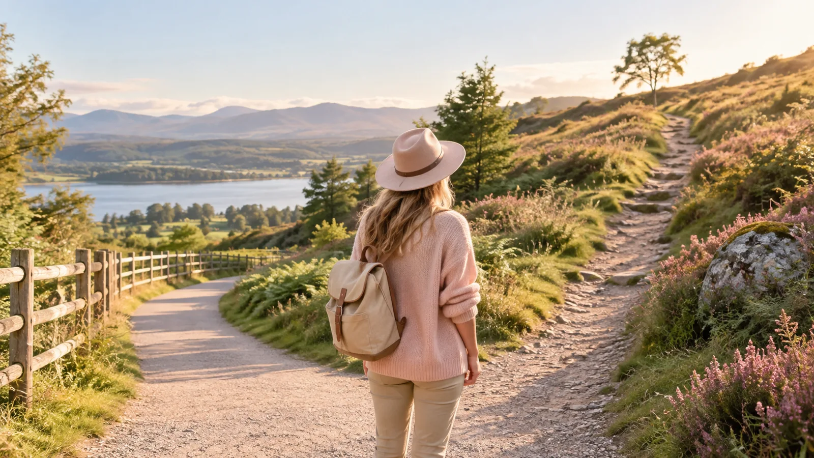 Femme de dos à la croisée d’un chemin familier et d’un sentier vers une colline ensoleillée