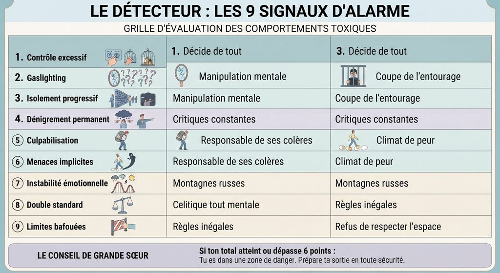 tableau des 9 signaux d'une relation toxique | La Bonne Copine