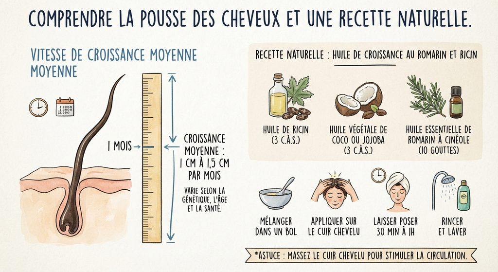 Infographie pousse des cheveux et recette huile de croissance au romarin et ricin | La Bonne Copine