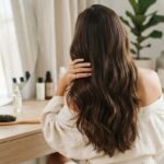Femme aux cheveux bruns ondulés, assise devant un miroir dans une salle de bain, mains sur la chevelure | La Bonne Copine