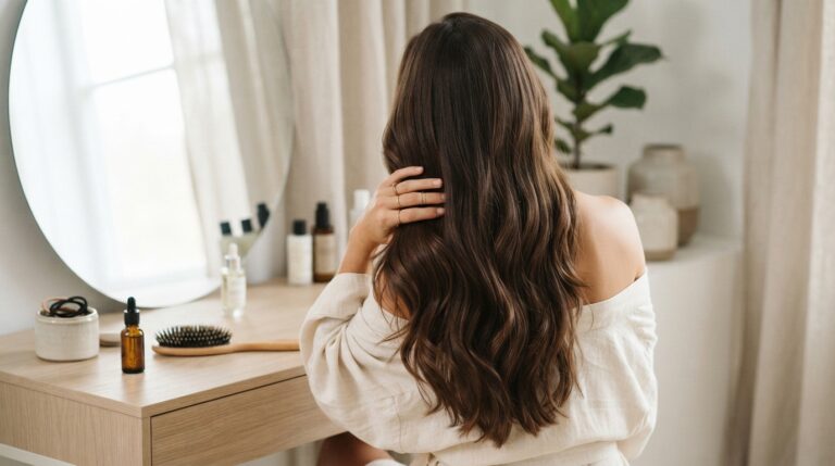 Femme aux cheveux bruns ondulés, assise devant un miroir dans une salle de bain, mains sur la chevelure | La Bonne Copine