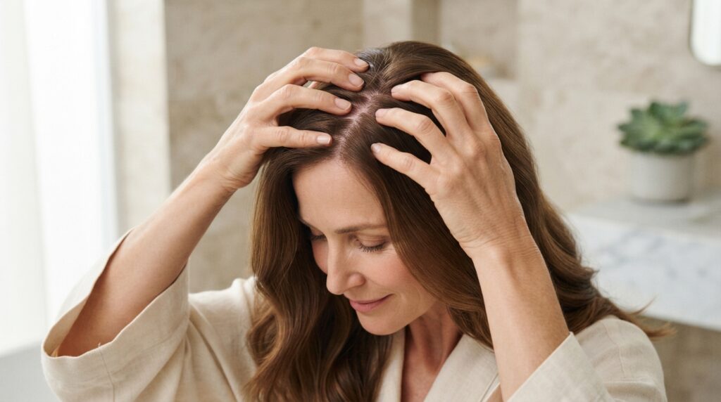 Femme aux cheveux bruns posant ses mains sur son cuir chevelu, en expression de soulagement | La Bonne Copine