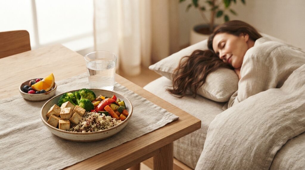 Une femme allongée sur un lit se repose, tandis qu'un plateau repas avec légumes et céréales est posé à côté | La Bonne Copine
