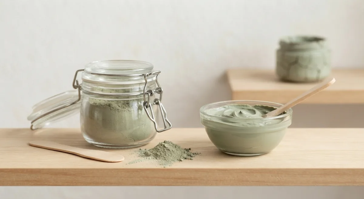 Bocal d’argile verte en poudre et bol de pâte sur une étagère.