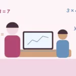 Parent et enfant en difficulté en maths devant un ordinateur portable, entourés de symboles mathématiques
