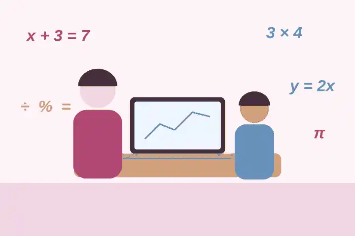 Parent et enfant en difficulté en maths devant un ordinateur portable, entourés de symboles mathématiques