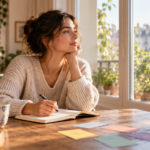 Femme écrivant près d’une fenêtre, illustration des phases de la rupture amoureuse